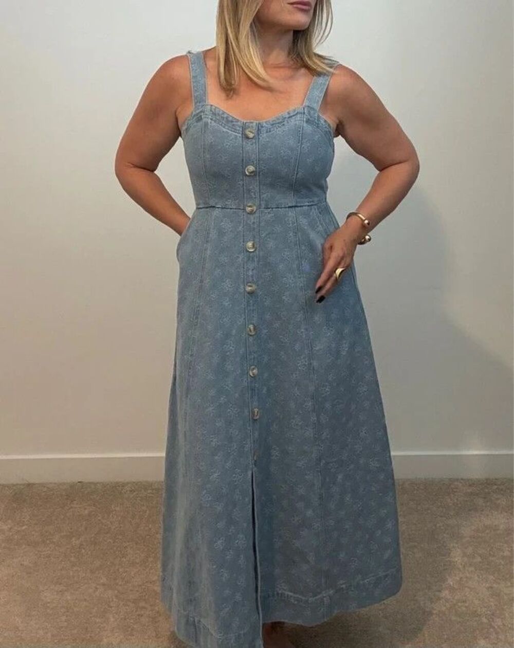 Blu Pepper Floral Jacquard Denim Midi Dress w/ Pockets Smocked Back Size Small